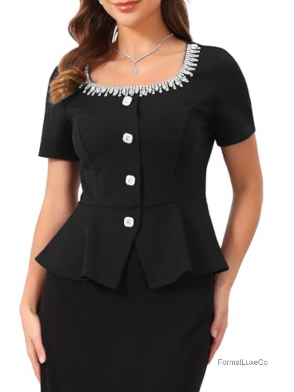 Peplum Blouse Beaded Rhinestones Square Neck Puff Sleeve Formal Evening Top